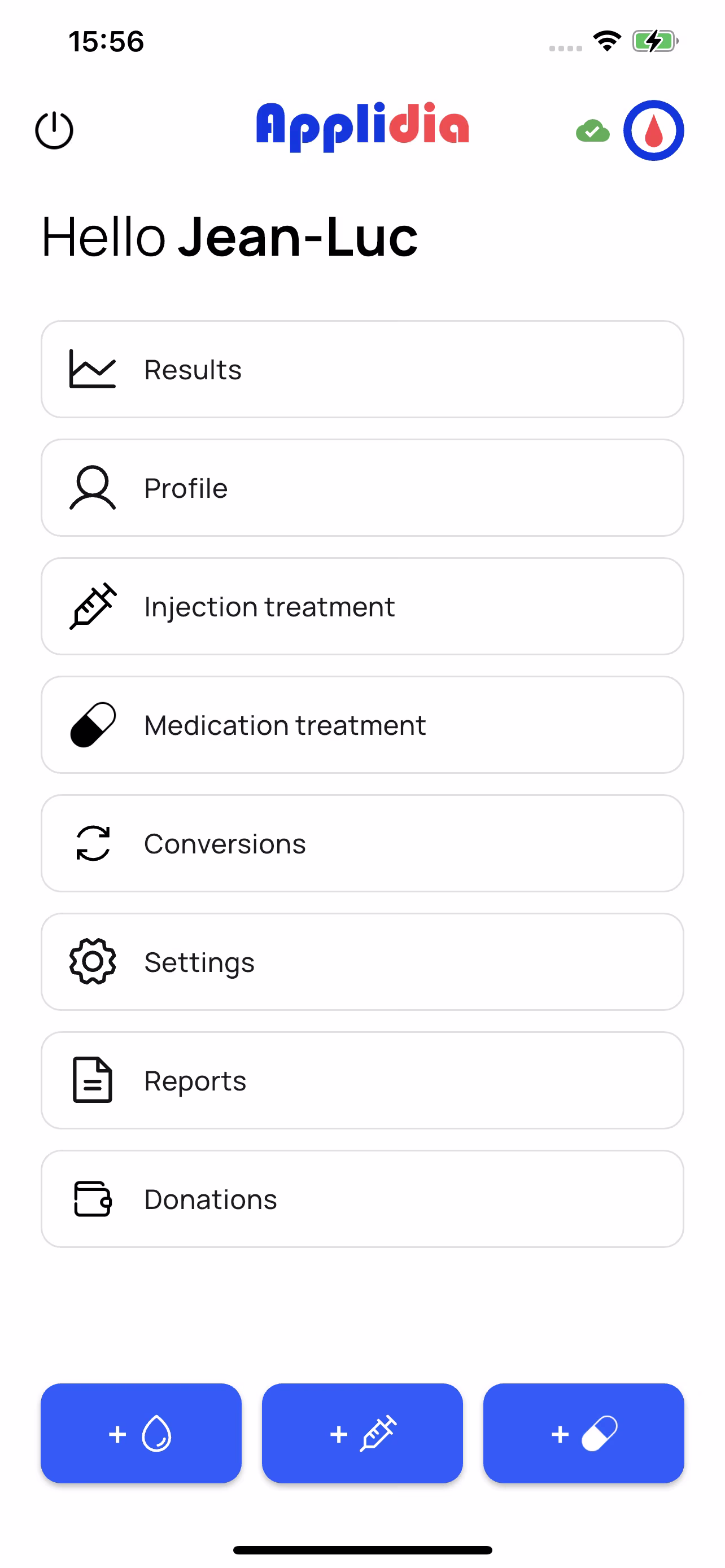Applidia home screen: glucose, injections and medication one tap away