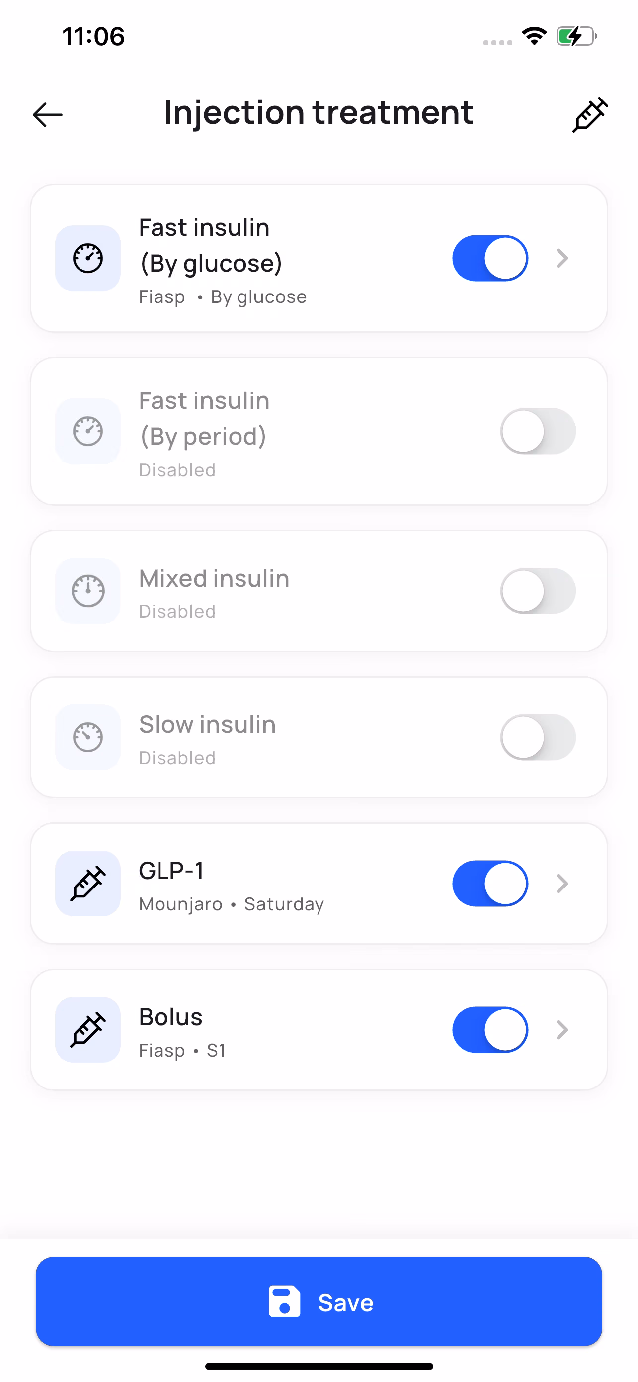 Applidia treatment setup screen: fast, slow and mixed insulin plus GLP-1