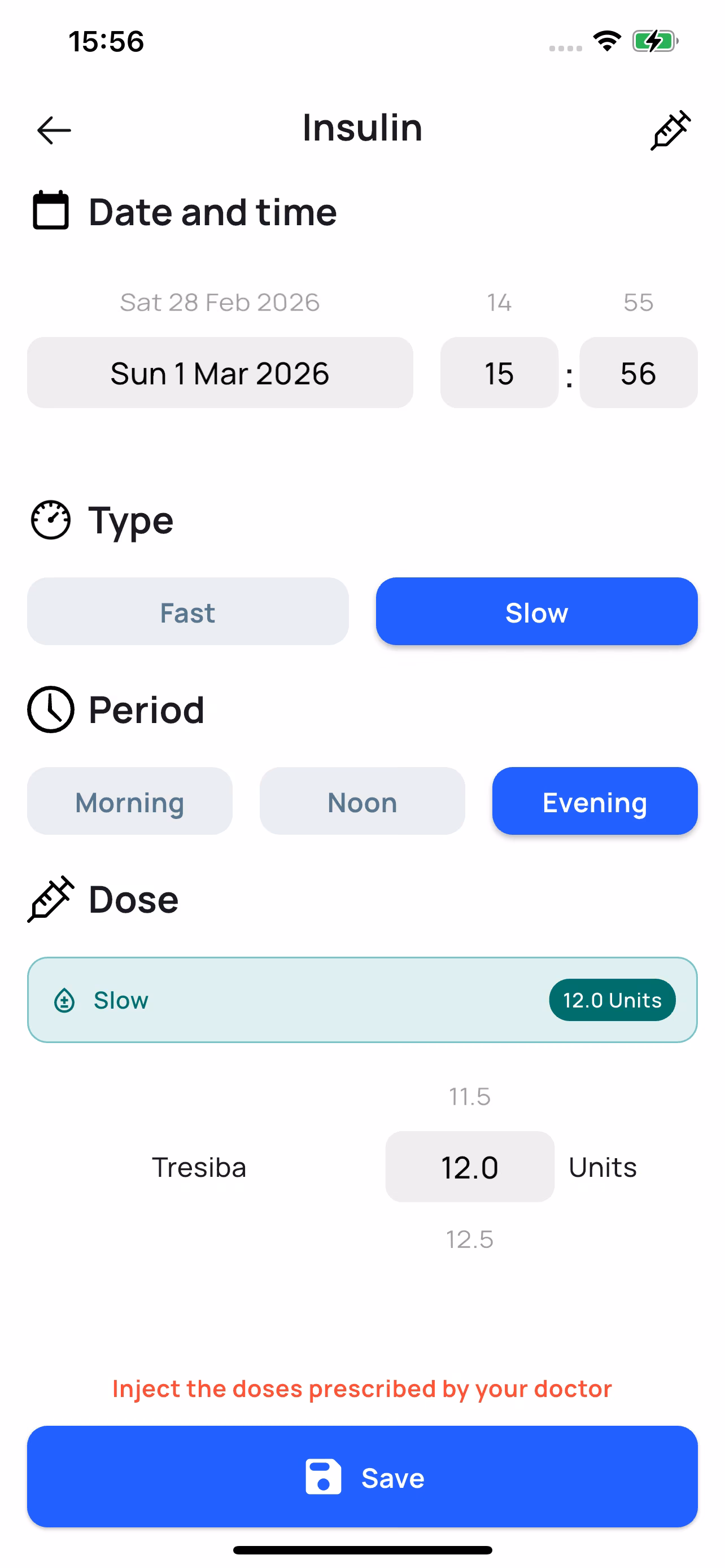 Applidia insulin entry screen: type, period and units